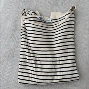 Zara Navy and Cream Striped Knit Top